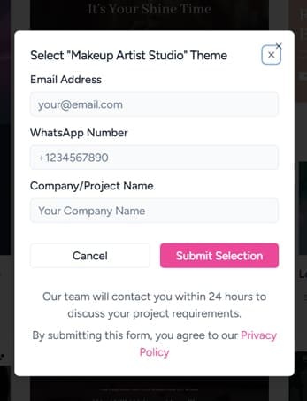 Form for selecting the "Makeup Artist Studio" theme, featuring fields for email address, WhatsApp number, and project/company name to streamline communication for beauty service inquiries.